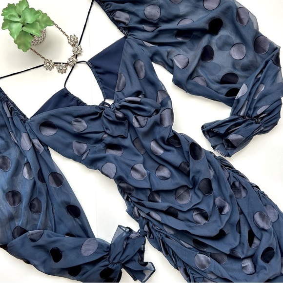 For Love And Lemons Lula Mini Dress Ruched Ruffle Navy Blue Dot Long Puff Sleeve - Picture 2 of 16